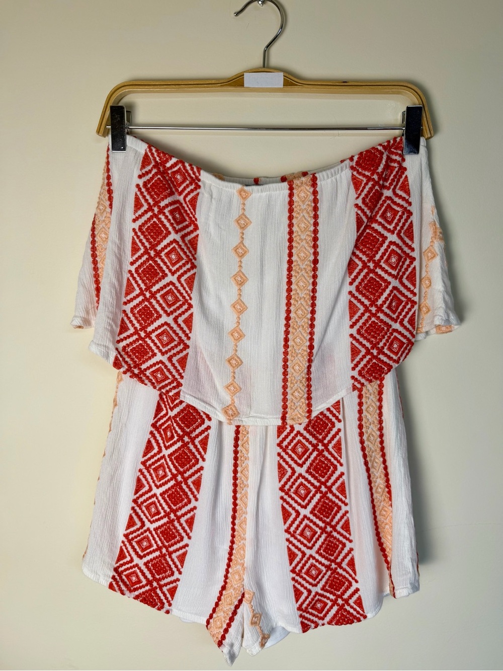 Off-Shoulder White Top with Red & Peach Embroidered Stripes